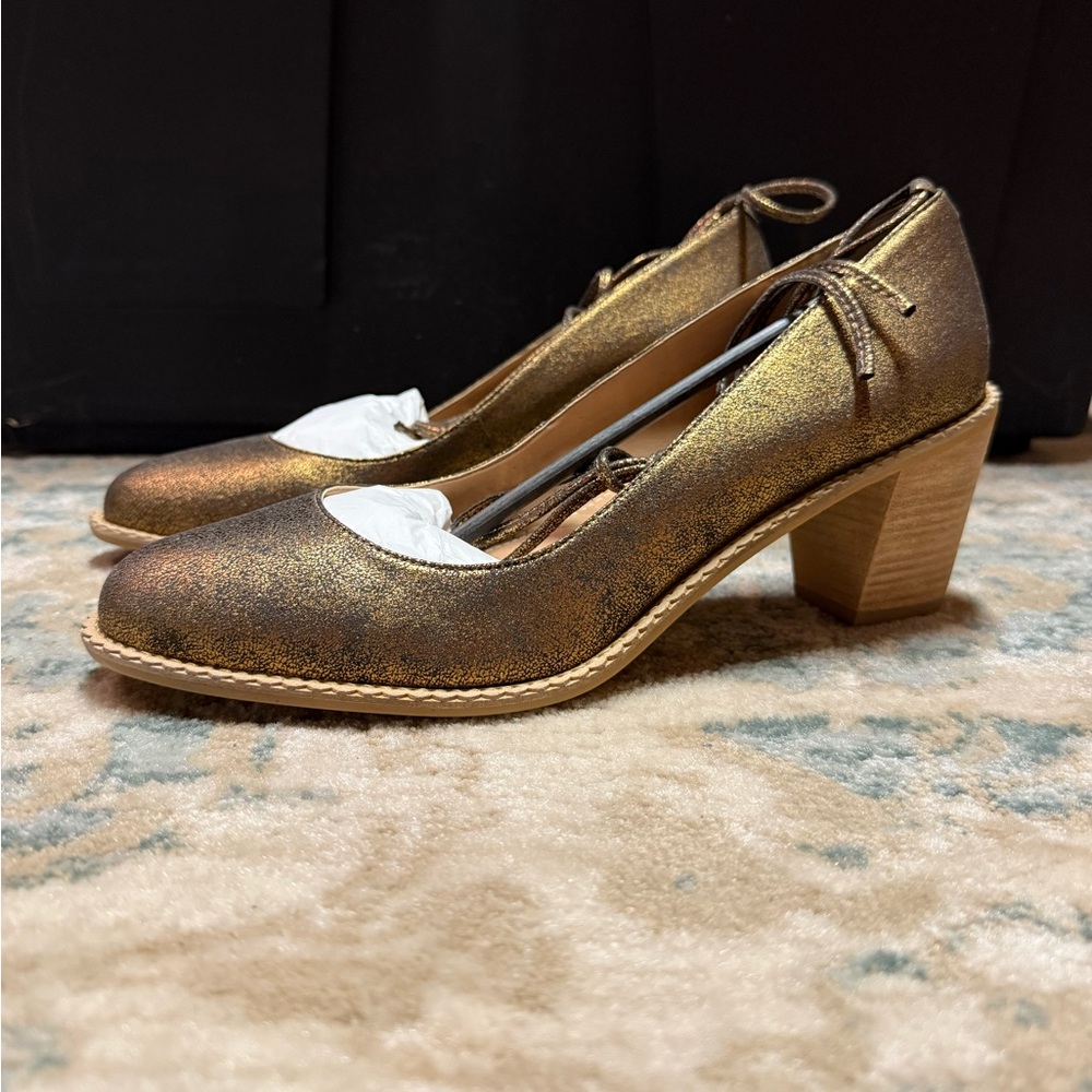 Anthropologie Miss Albright 'Reba' Gold Metallic Heels with Ankle Strap - NEW!